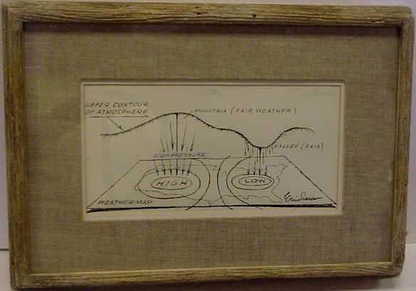 ERIC SLOANE (1910-1985 CORNWALL BRIDGE, CT) "WEAT: ERIC SLOANE (1910-1985 CORNWALL BRIDGE, CT) "WEATHER MAP", 6" X 12", BOOK ILLUSTRATION INK ON PAPER, SIGNED LR, ORIG WOOD FRAME