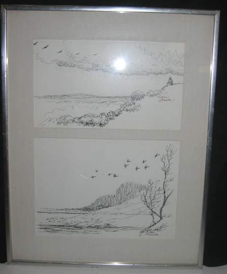 ERIC SLOANE (1910-1985 CORWALL BRIDGE, CT) TWO DR: ERIC SLOANE (1910-1985 CORWALL BRIDGE, CT) TWO DRAWINGS FRAMED TOGERHTER, BOOK ILLUSTRATION INK ON PAPER, 8 1/2" X 14" AND 10" X 14" SIGNED LR