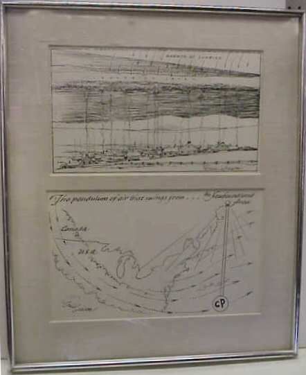 ERIC SLOANE (1910-1985 CORNWALL BRIDGE CT) TWO DR: ERIC SLOANE (1910-1985 CORNWALL BRIDGE CT) TWO DRAWINGS FRAMED TOGETHER, BOOK ILLUSTRATION INK ON PAPER, 8 1/2" X 14" AND 9" X 14 1/2"