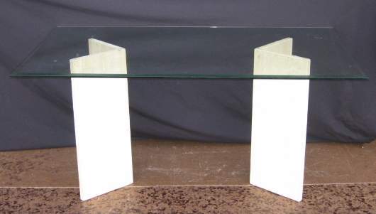 1970'S TABLE, BEVELLED GLASS TOP WITH TRAVERTINE: 1970'S TABLE, BEVELLED GLASS TOP WITH TRAVERTINE BASE, 28 1/2"H X 59"L X 36"W