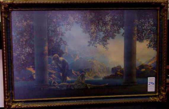 MAXFIELD PARRISH "DAYBREAK" PRINT IN PERIOD FRAM: MAXFIELD PARRISH "DAYBREAK" PRINT IN PERIOD FRAME, 21 1/2" X 33 1/2" OVERALL.