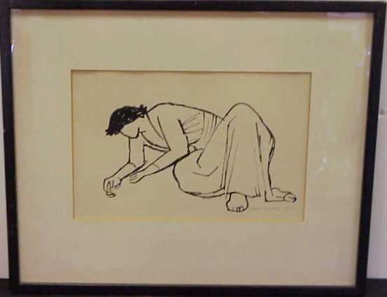 AUGUST MOSCA(1909-)PEN & INK FIGURE DRAWING: AUGUST MOSCA(1909-NY)PEN & INK FIGURE DRAWING, SIGNED AND DATED 1952 LOWER RIGHT. 7 1/4" X 11", MATTED AND FRAMED.