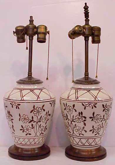 EARLY 20THC POTTERY TABLE LAMPS, HAND PAINTED WIT: EARLY 20THC POTTERY TABLE LAMPS, HAND PAINTED WITH FLORAL DETAIL, WOOD BASES, 18"H TO TOP OF SOCKET (NEEDS REWIRING)