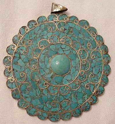 MEXICAN STERLING & TURQUOISE PENDANT, 3". RUTH BI