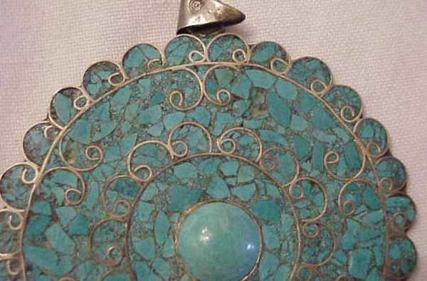 MEXICAN STERLING & TURQUOISE PENDANT, 3". RUTH BI - 2