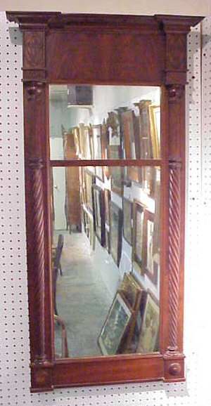 FEDERAL MAHOGANY MIRROR, JOHN WILLIAMS, NY: FEDERAL MAHOGANY MIRROR, JOHN WILLIAMS NEW YORK LABEL VERSO, 48"H X 24 3/4"W (MISSING MEDALLION LOWER LEFT)