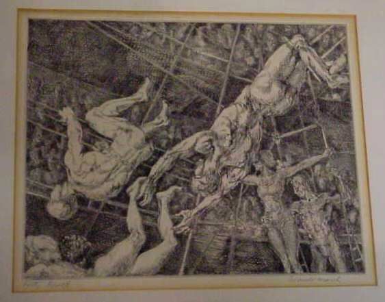 REGINALD MARSH(1898-1954)"FORTY PROOFS" CIRCUS: REGINALD MARSH N.A. (1898-1954, NY) "FORTY PROOFS" CIRCUS TRAPEZE ARTISTS, PENCIL SIGNED LOWER RIGHT, 7 3/4" X 9 3/4" IMAGE SIZE, MATTED & FRAMED. RUTH BIGEL ESTATE (NO DAMAGE)