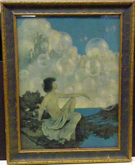 MAXFIELD PARRISH DECO PRINT OF A SEATED FIGURE, 1: MAXFIELD PARRISH DECO PRINT OF A SEATED FIGURE, 15 3/4" X 11 1/2", ORIGINAL FRAME.