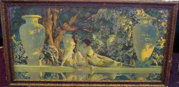 MAXFIELD PARRISH DECO PRINT OF LADIES SEATED BY: MAXFIELD PARRISH DECO PRINT OF LADIES SEATED BY A POND, 14 1/2" X 29 3/4", PERIOD FRAME.