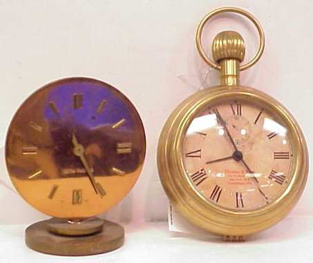 THOMAS & ROSS ADVERTISING CLOCK & SETH THOMAS CL: THOMAS AND ROSS ADVERTISING BRASS CLOCK IN SHAPE OF POCKETWATCH, 8 1/2" H ,QUARTZ MOVEMENT, EX CHRISTIE'S AND ART DECO SETH THOMAS COPPER AND BRASS CLOCK 6"