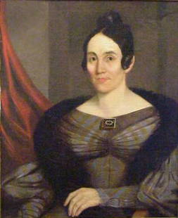 ATTRIBUTED TO EZRA AMES (1768 -1836 AMERICAN) POR: ATTRIBUTED TO EZRA AMES (1768 -1836 AMERICAN) PORTRAIT OF A WOMAN REFUTED TO BE THE WIFE OF HENRY BESSACH, A SILVERSMITH FROM HUDSON, NEW YORK, PAINTED IN 1830, PERIOD FRAME (HAS BEEN REGILDED), UNSIG