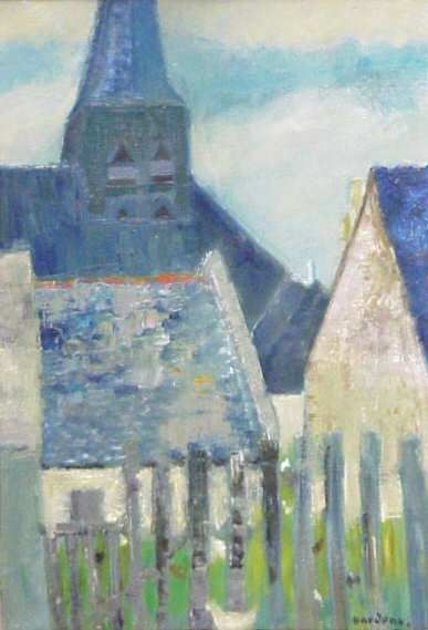 GUY BARDONE (1927-, FR) VILLAGE SCENE, OIL ON CAV: GUY BARDONE (1927-, FR) VILLAGE SCENE, OIL ON CAVNAS, SIGNED LOWER RIGHT, 21 1/2" X 15", FRAMED.