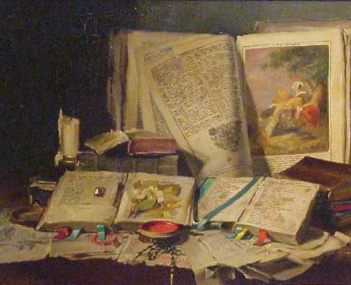 ARPAD ROMEK(1883- ?)STILL LIFE WITH BOOKS & CANDL: ARPAD ROMEK (1883- ? HUNGRY) STILL LIFE WITH BOOKS AND CANDLE, SIGNED LOWER LEFT, 19" X 23", CRACKELUER, AND SOME LOSSES TO THE FRAME
