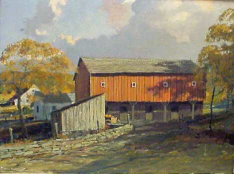 ERIC SLOANE(1910- 1985)RED BARN IN AUTUMN,OIL ON: ERIC SLOANE (1910- 1985 CORNWALL BRIDGE, CT) RED BARN IN AUTUMN LANDSCAPE WITH STONE WALL, OIL ON BOARD, 23" X 31", IN ORIGIONAL WOOD FRAME (MINOR LOSS TO FRAME UPPER LEFT), PROV. GIVEN TO THE CONSINO