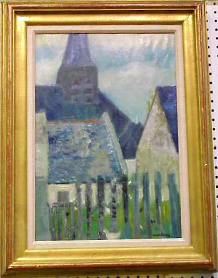 GUY BARDONE (1927-, FR) VILLAGE SCENE, OIL ON CANV: GUY BARDONE (1927-, FR) VILLAGE SCENE, OIL ON CANVAS, SIGNED LOWER RIGHT, 21" X 14 1/2", FRAMED.