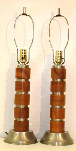 RUSSEL WRIGHT PR LAMPS, ALUMINUM & WALNUT, 24"H,: RUSSEL WRIGHT PR LAMPS, ALUMINUM & WALNUT, 24"H, REWIRED.