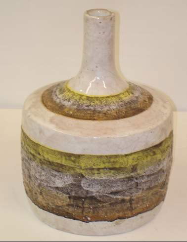 RAYMOR POTTERY VASE, WHITE GROUND WITH ORANGE, YE: RAYMOR POTTERY VASE, WHITE GROUND WITH ORANGE, YELLOW AND BROWN, MARKED RAYMOR, ITALY, #974