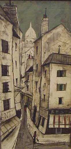 CHARLES LEVIER (1920-, FR) PARISIAN STREET SCENE,: CHARLES LEVIER (1920-, FR) PARISIAN STREET SCENE, OIL ON CANVAS, SIGNED LOWER RIGHT, 31 1/2" X 15 3/4", FRAMED, PROVENANCE VERSO (SOME PAINT LOSS & RESTORATION)