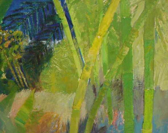 GUY BARDONE (1927-FRENCH), "BAMBOUS DEVANT LA MER: GUY BARDONE (1927-FRENCH), "BAMBOUS DEVANT LA MER, TOBAGO", OIL ON CANVAS, PROV. FINDLAY GALLERIES, STAMPED ON STRETCHER, SIGNED LOWER MIDDLE, TITLED VERSO, 57 1/2" X 38", FRAMED