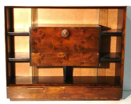 GILBERT ROHDE/HERMAN MILLER, "PALDAO" SECT. DESK: GILBERT ROHDE/HERMAN MILLER, "PALDAO" SECT. DESK #4100 #PALDAO & ACIA WOOD.DROPFRONT FITTED INT.,SHELVES,& TWO DRAWERS.FOIL LABEL. 49 1/2"X60"X17" SOME VENEER LOSSES.