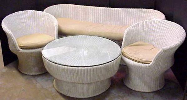 5 PC 1960'S PORCH SET, IN THE STYLE OF DITZEL: 5 PC 1960'S PORCH SET, PLASTIC CORDING, INCLUDES: 2 MODERN SETTEES (28"H X 63" X 26") , 2 CLUB CHAIRS (28"H X 28"W X 27") & A COFFEE TABLE (17 1/2"H X 34 1/2"D)