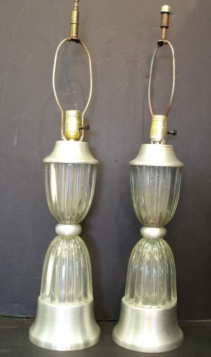 PR OF RUSSEL WRIGHT(?) ALUMINUM AND GLASS TABLE: PR OF RUSSEL WRIGHT(?) ALUMINUM AND GLASS TABLE LAMPS, 19" TO TOP OF SOCKET