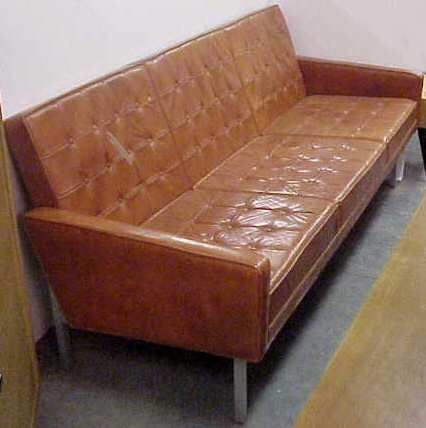 LEATHER SOFA, MARKED JACK CARTWRIGHT & CO, TUFTED: LEATHER SOFA, MARKED JACK CARTWRIGHT & CO, TUFTED LEATHER ON ALUMINUM FRAME, 31 1/2"H X 77 1/4" X 29"D (MINOR WEAR & NICKS TO LEATHER)