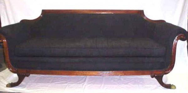 DUNCAN PHYFE STYLE MAHOGANY ROLL ARM SOFA, BRASS: DUNCAN PHYFE STYLE MAHOGANY ROLL ARM SOFA, BRASS CAPPED PAW FEET, 33"H X 85"L X 30"D