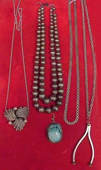 FOUR STERLING NECKLACES,WISHBONE,SHELL & SCARAB