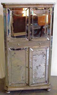 VENETIAN STYLE MIRRORED CABINET, 50"H X 27 3/4": VENETIAN STYLE MIRRORED CABINET, 50"H X 27 3/4" X 15 1/2" (SOME SLVERING LOSS & SOME DAMAGE TO MIRRORS)