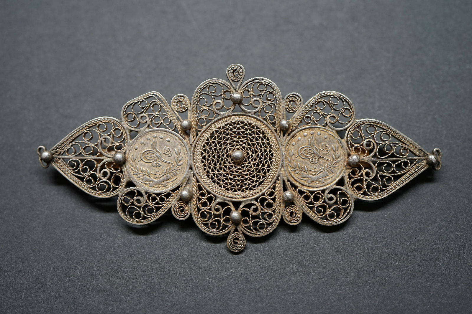 ottoman silver brooch with 2 silver coins ,dated 1327 Higri (1 of 6)
