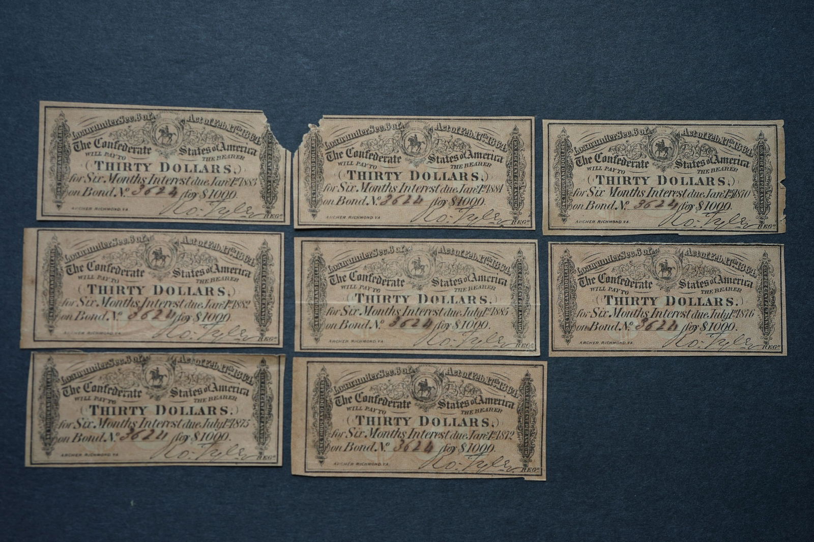 lot of 8 bills , 30 Dollars , Bond of $1000 (1 of 2)