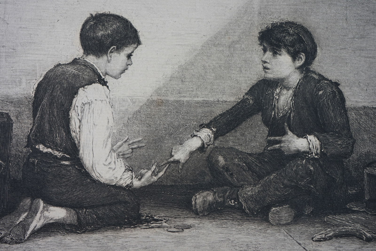 Frederick Dielman , Etching "Mora Players": Dielman, Frederick (German/American, 1847-1935), The Mora Players, etching, 1883, signed and dated in plate , A rich image showing two Italian immigrant children playing the ancient game of mora (or m