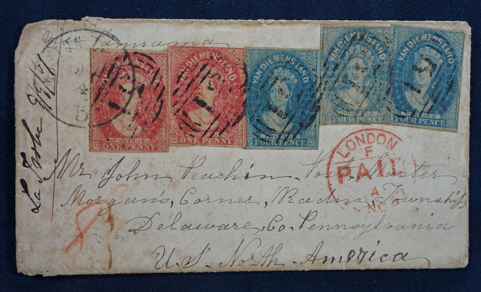 1867 envelop with 5 stamps Van Diemen's land "Tasmania" Australian state, very rare (1 of 18)