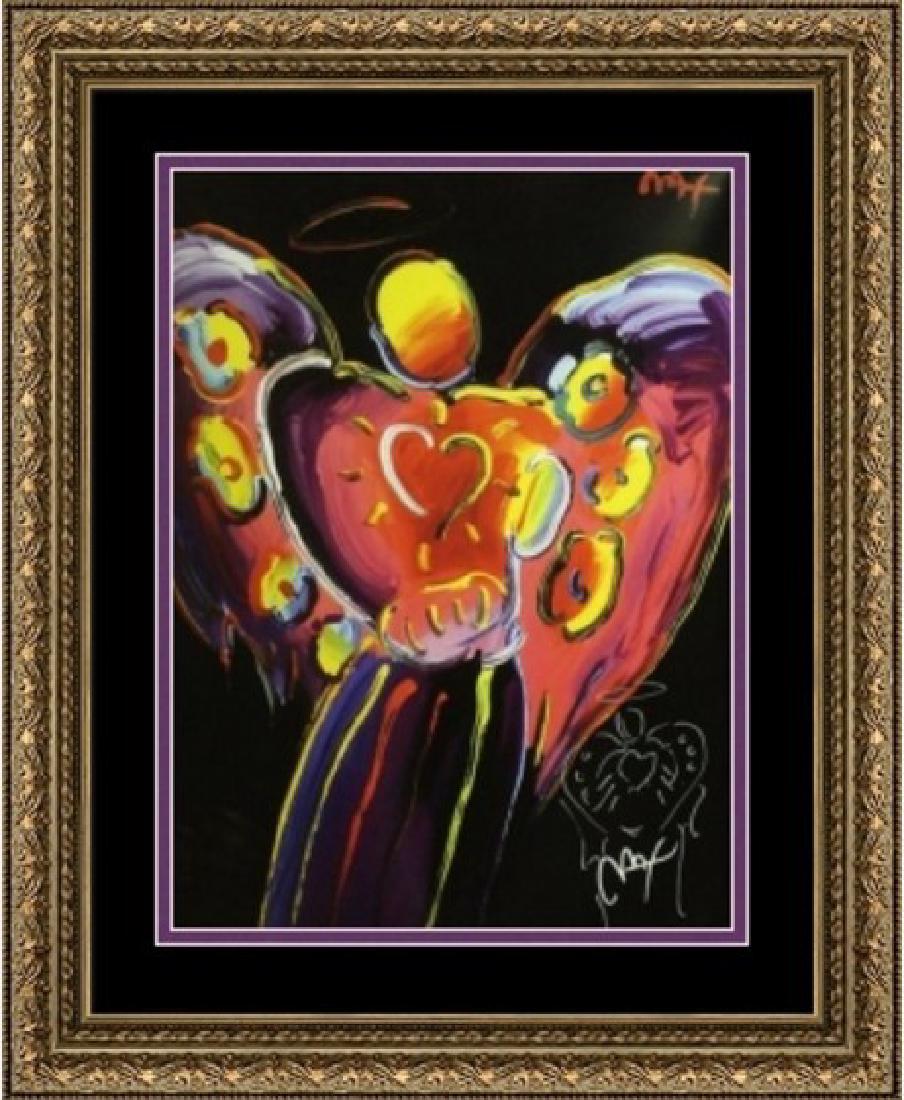 Hand Signed Peter Max Mixed Media - Black Angel Heart: Hand signed mixed media on paper by artist Peter Max titled "Black Angel with Heart". This beautiful work is hand signed by the artist. The unframed dimensions are approx 24 x 18 inches. A certificate