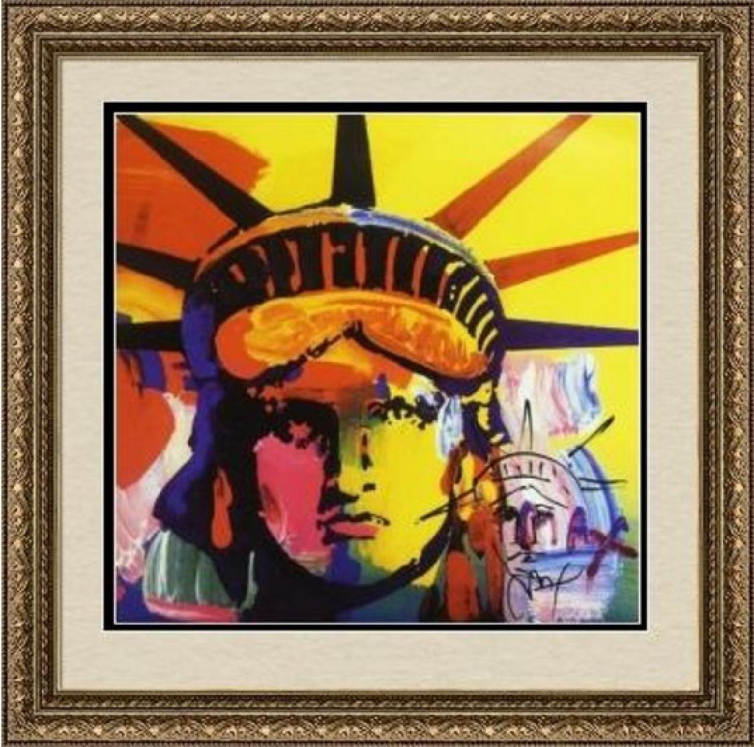 Hand Signed Mixed Media Peter Max: Hand signed mixed media on paper by artist Peter Max titled "Liberty Head". This beautiful work is hand signed by the artist. The unframed dimensions are approx 24 x 18 inches. A certificate of authen