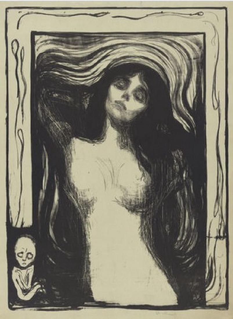 Madonna 1895 - Edvard Munch: Title: Madonna Liebendes Weib - 1895 Artist: Edvard Munch (Norwegian 1863-1944) Medium: Giclee Print Printed: 1991 Size: 16 x 11 Inches Lot Description: Edvard Munch Tribute Print This High Resolution