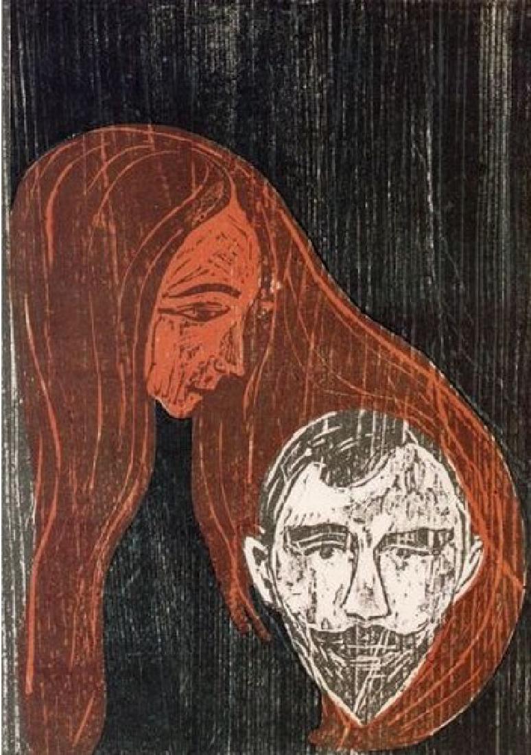 Man's Head in Womans Hair - Edvard Munch: Title: Man's Head in Woman’s Hair - 1896 Artist: Edvard Munch (Norwegian 1863-1944) Medium: Giclee Print Printed: 1991 Size: 12 x 8 Inches Lot Description: Edvard Munch Tribute Print This High Resol