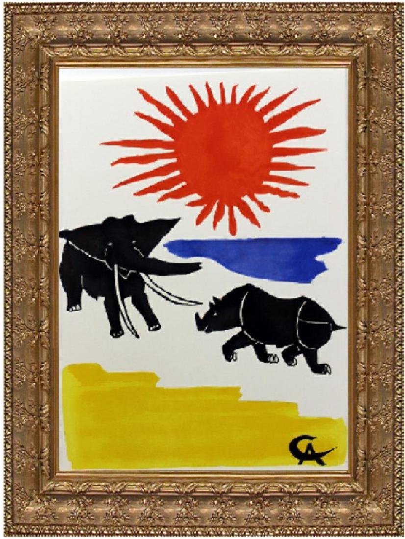 Original Signed Lithograph by Alexander Calder: Original signed lithograph by artist Alexander Calder titled "L'Elephant Et Le Singe De Jupiter" on heavy arches paper. The unframed dimensions are approx 15 x 11 inches. This piece comes professional