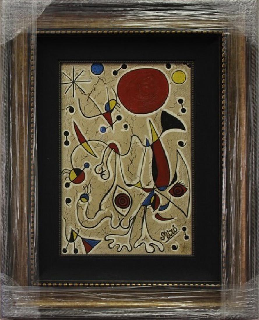 Amantes en el desierto banjo un sol rojo: Artist: in the manner of Joan Miro Title: Amantes en el desierto banjo un sol rojo / Les amoureux dans le desert sous un soleil rouge Medium: Oil Painting on Canvas Signature: bearing the signature Si