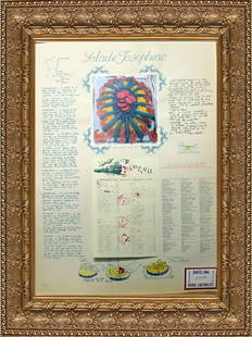 Original HS #d Lithograph Collage Antoni Miralda: Original lithograph with Collage on heavy arches by artist Antoni Miralda "Salade Josephine" circa 1977. This beautiful work is hand signed by the artist in a limited edition of numbered impressions.