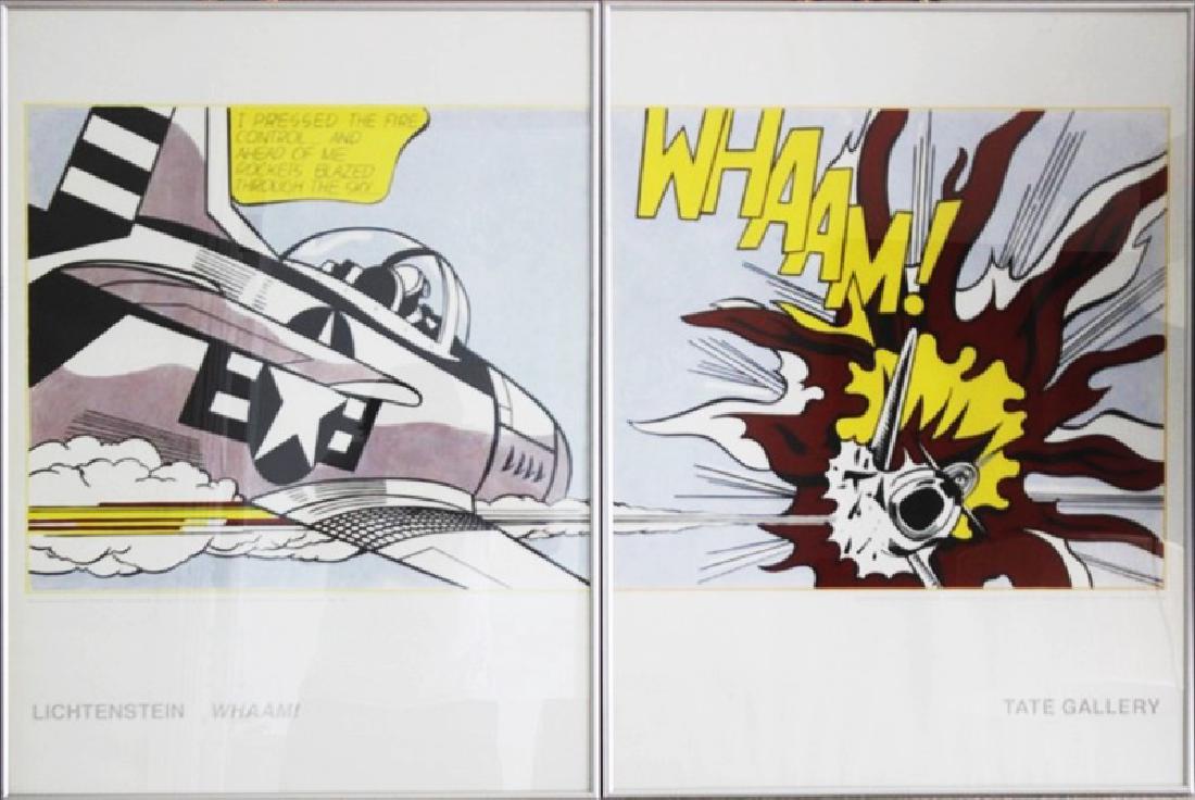"WHAAM!" by Roy Lichtenstein: (2pc) Roy Lichtenstein Gallery Lithograph, Unsigned, Size Approx. 31' x 48' Inches ( Measurement is of 2 Separate Framed Lithographs placed adjacent to eachother.) Certificate of Authenticity Included
