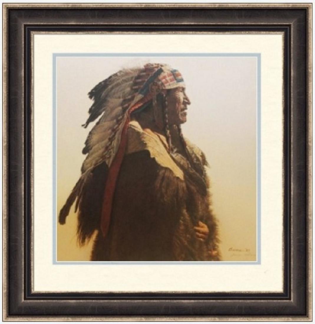 CrowIndian from LodgeGreen by James Bama: Limited Edition Lithograph (174/1250) Hand Signed in Pencil by the artist & Plate Signed, Year Released: 1988 Publisher: The Greenwich Workshop, Size Approx. 20 x 20 Inches