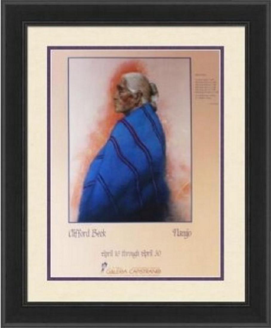 Hand Signed Clifford Beck - Navajo: Lithograph on paper by artist Clifford Beck titled Navajo. This beautiful work is hand signed by the artist and unframed. The unframed dimensions are approx 32 x 23 inches. An in-house certificate of 