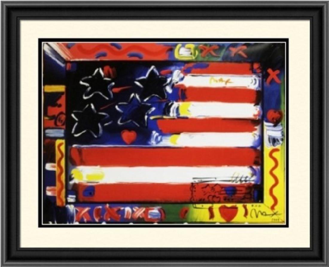 Hand Signed Peter Max Mixed Media - Flag with Heart: ***FREE SHIPPING WITHIN THE UNITED STATES OF AMERICA*** Hand signed mixed media on paper by artist Peter Max Flag with Heart. This popular work is hand signed by the artist. The dimensions are approx.