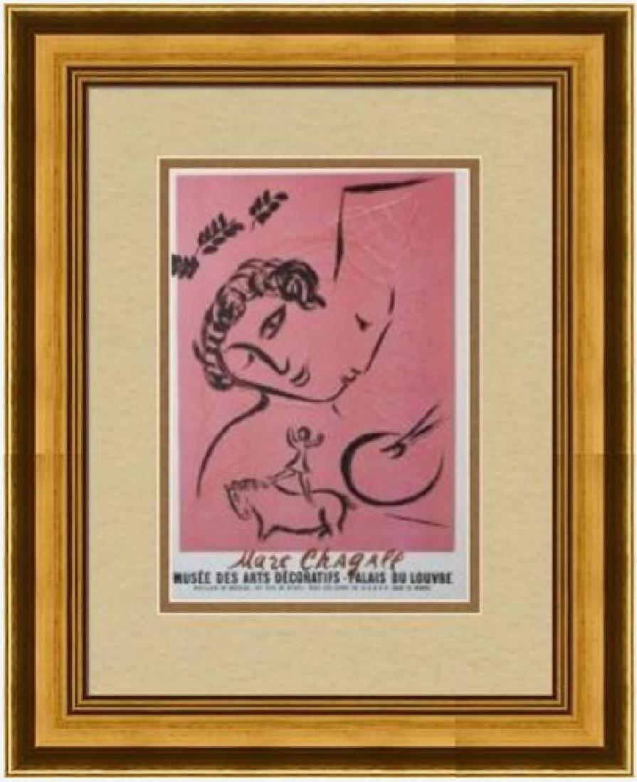Signed Marc Chagall Lithograph: FREE SHIPPING TO THE USA! PROFESSIONALLY CUSTOM GALLERY FRAMED!! MARC CHAGALL 'The Painter in Pink 1959 for the exhibition poster "Marc Chagall", Palais du Louvre, Paris' Lithograph in colors, on pape