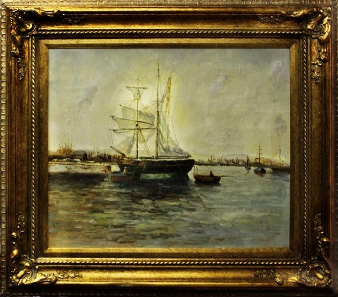 Harbour - Oil Painting on Canvas: Artist: Unknown Title: Harbor Scene/Sail Boats Medium: Original, Oil Painting on Canvas (Stretched canvas) Signature: Hand Signed Size: 29 x 33 Inches Certificate of Authenticity Included