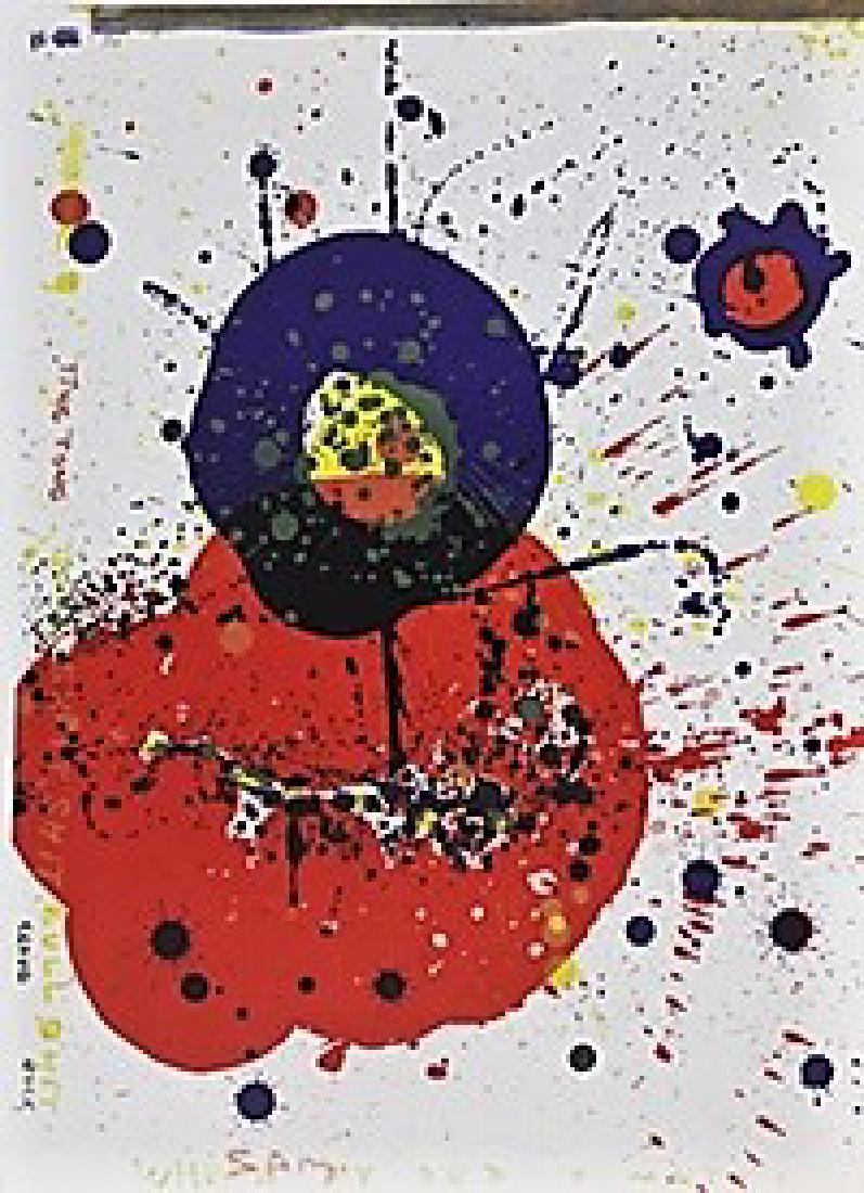 Original Signed Lithograph Sam Francis: Original lithograph from One Cent Life portfolio. Circa 1964, full sheet size approx 16 1/4 x 22 3/4 inches, folded sheet size approx 16 1/4 x 11 1/2 inches. Color lithograph on paper. This includes: