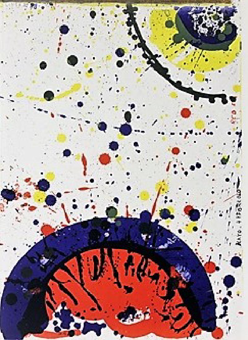 Original Signed Lithograph Sam Francis: Original lithograph from One Cent Life portfolio. Circa 1964, full sheet size approx 16 1/4 x 22 3/4 inches, folded sheet size approx 16 1/4 x 11 1/2 inches. Color lithograph on paper. This includes: