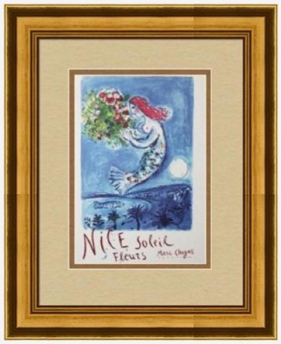 Signed Marc Chagall Lithograph: FREE SHIPPING TO THE USA! PROFESSIONALLY CUSTOM GALLERY FRAMED!! MARC CHAGALL 'Nice Soleil Fleurs' Lithograph in colors, on paper, from the signed edition in good age appropriate condition. The unfram